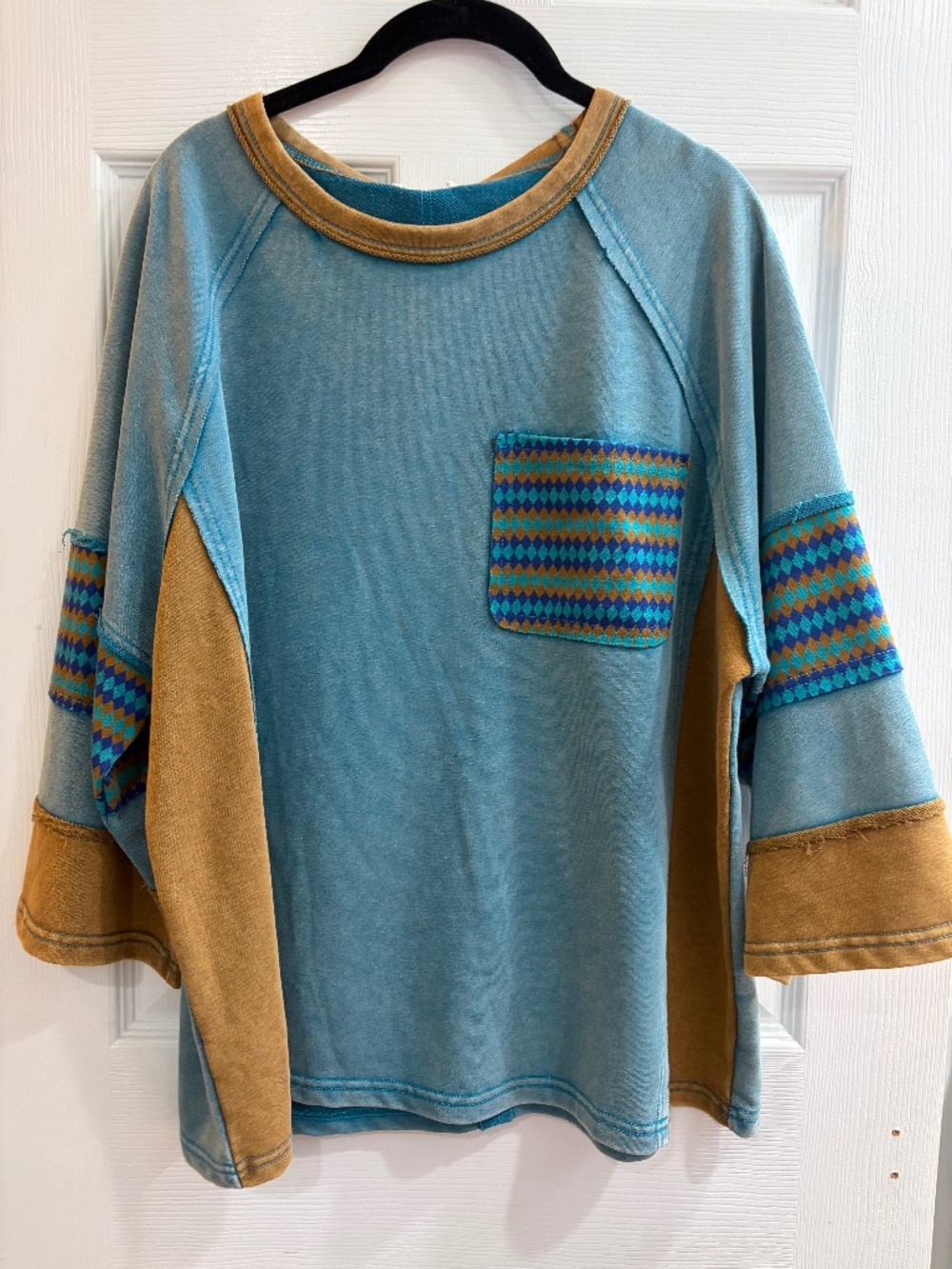 NEW EASEL ETHNIC PRINT MIX WASHED TERRY BOXY TOP PULLOVER 3/4 SLEEVE OVERSIZED